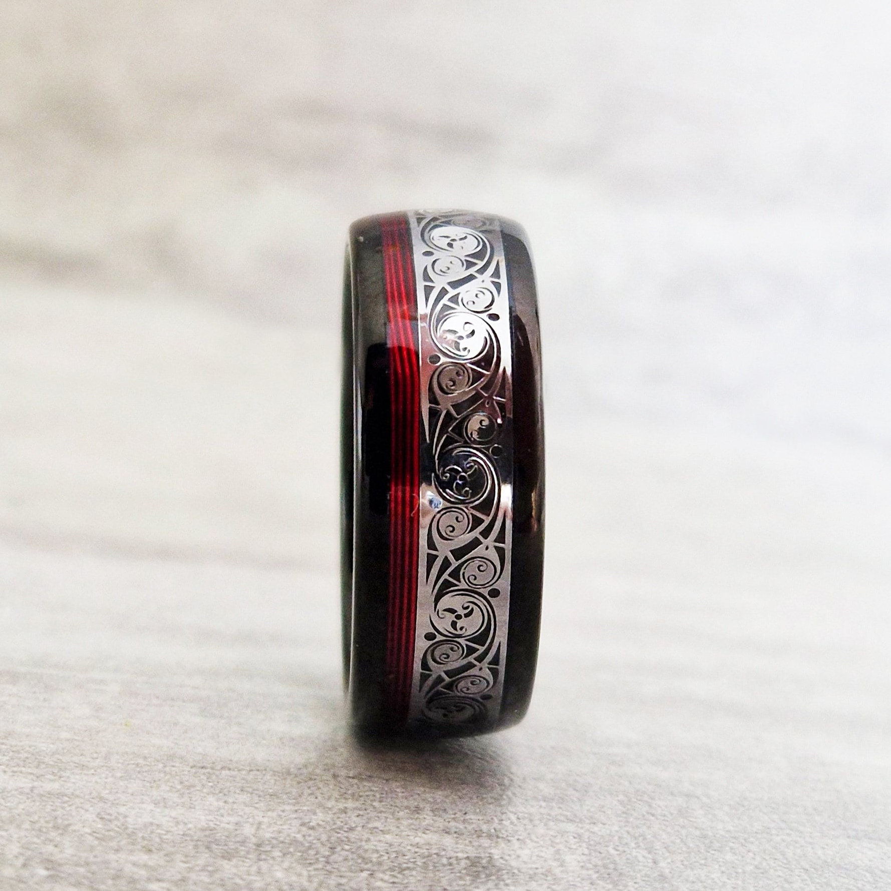 Tungsten Carbide Ring With Red Spiral Piano Thread & Steel Plating