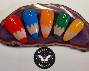 Back to School Pencil Crayon Set of 20 Press-On Nails (in 10 Sizes)