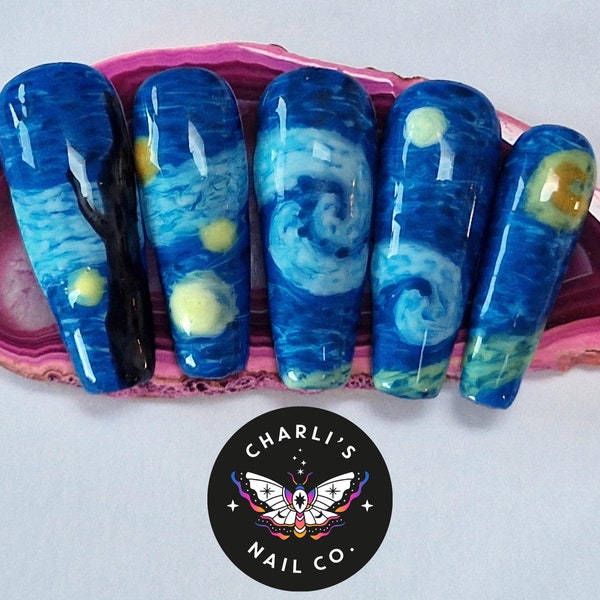 Custom Starry Night Hand Painted Art On 10 Press-On Nails
