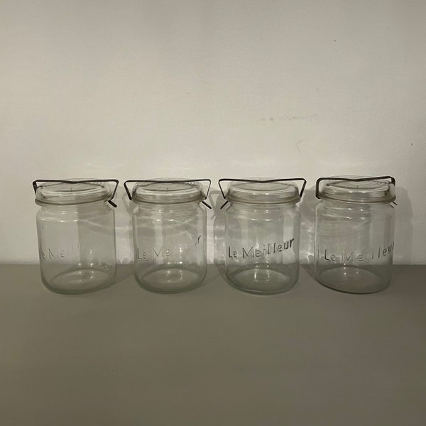 Vintage French Le Meilleur Clear Glass Jar/Container with Lid and Clasp - 4 available