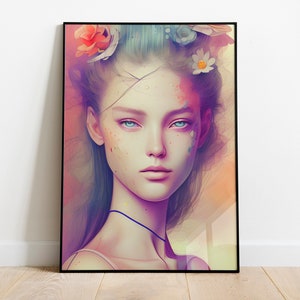 Arte generado por Ai, mujer elfa colorida, arte de pared de retrato, arte sobre la cama, impresiones de arte populares, arte de pared de pasillo, arte colorido, arte de acuarela