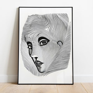 Art généré par Ai, Portrait de femme, Impression de linogravure, Art au-dessus du lit, Art numérique noir et blanc, Estampes populaires, Art du couloir, Art mural excentrique