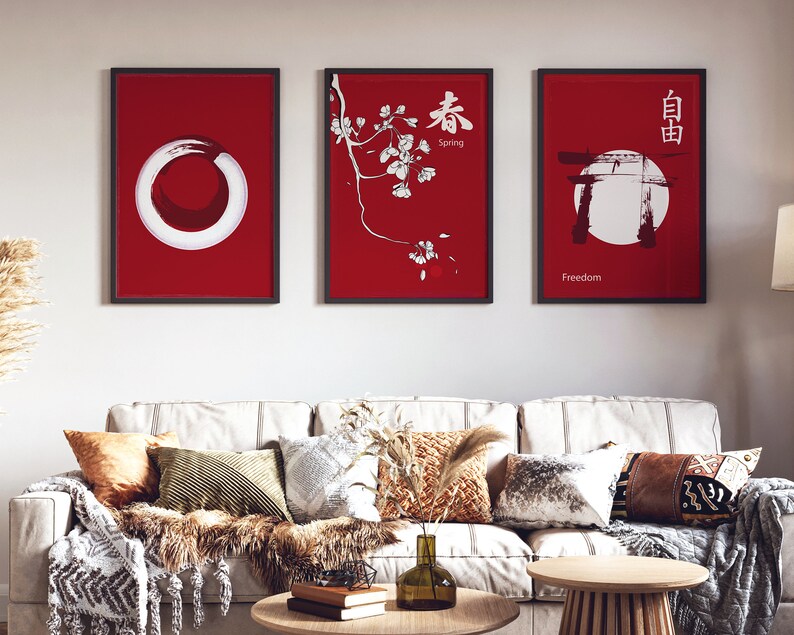 Red Japandi Wall Art Set of 3, Zen Japanese Prints (digital Download ...