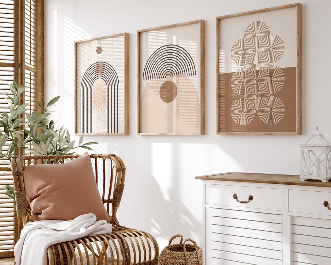 Set of 3 Boho Abstract Line Prints, Beige Neutral Wall Art (digital ...