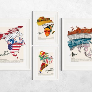World Map 4 of Set Wall Art, North America - South America - Africa - Asia Traditional Wall Art,  Colourful World Art, 4 Panel Wall Art