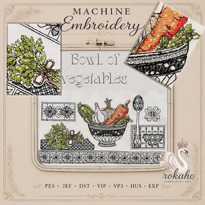 Puede incluir: Diseño de bordado a máquina con un cuenco de verduras, que incluye un calabacín, ajo, pimiento rojo y una cuchara. El diseño incluye el texto "Bowl of Vegetables" y "Machine Embroidery".