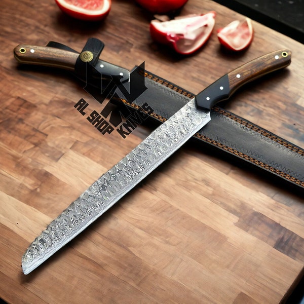 Damascus Steel Brisket Knife, handmade Damascus Kitchen Knife, Damascus Steel Bread Knife, Meat Knife, Chef Knives, Chef Set Gift for Men
