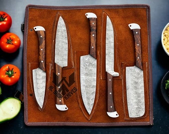 Damascus Steel Chef Set, Hand Forged Damascus Chef Set, Damascus Chef Knife, Kitchen Knife, Handmade Damascus Steel BBQ Knife Set Gift MEN