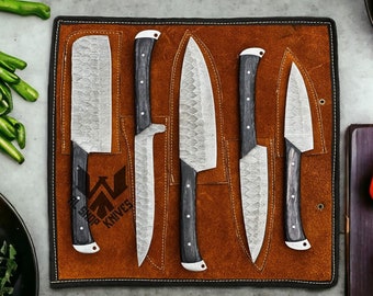 Hand Forged Damascus Chef Set, Damascus Chef Knives, handmade Kitchen Knives, Chef sets, Damascus Knives, Gift for Men, Anniversary Gift USA