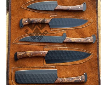 5 Pcs Custom Handmade D2 Steel Chef Set, Chef Knives, Damascus Chef knife, Damascus Chef Set, Best Gift present for him, Kitchen Knives USA