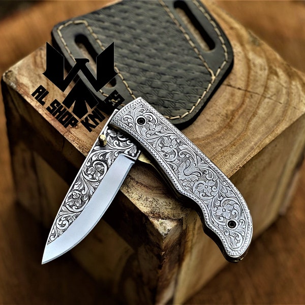 Hand Engraved D2 Steel EDC Pocket Knife, Handmade Knife, Folding Knife, Damascus Knife, Groomsmen Gift, Gift for Father, Birthday Gift USA