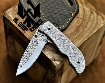 Hand Engraved D2 Steel EDC Pocket Knife, Handmade Knife, Folding Knife, Damascus Knife, Groomsmen Gift, Gift for Father, Birthday Gift USA