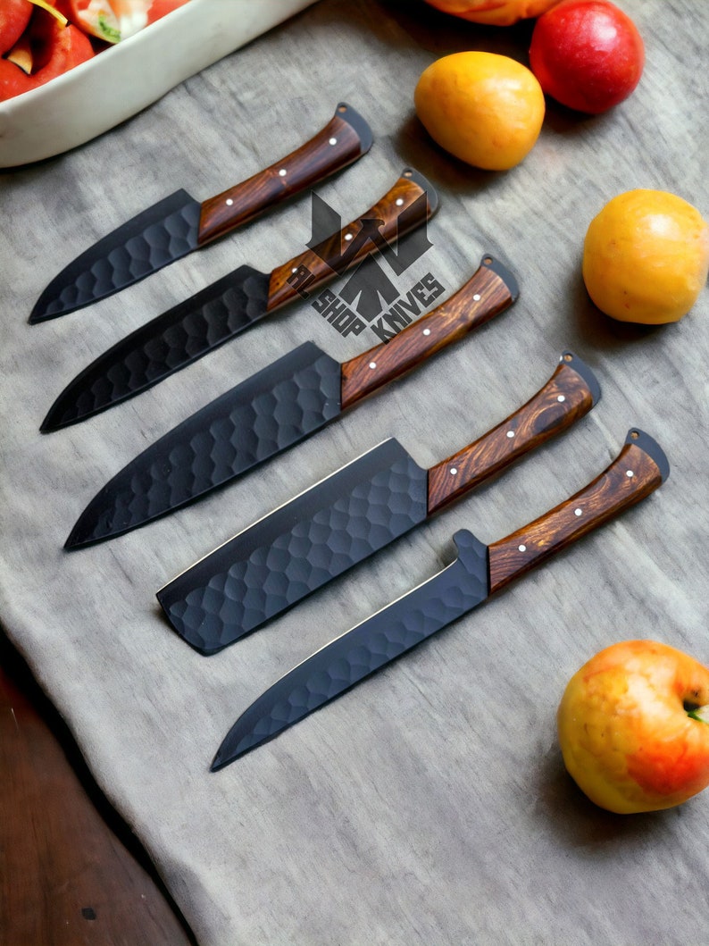 5 Pcs Custom Handmade D2 Steel Chef Set, Chef Knives, Damascus Chef knife, Damascus Chef Set, Best Gift present for him, Kitchen Knives USA image 4