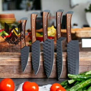 5 Pcs Custom Handmade D2 Steel Chef Set, Chef Knives, Damascus Chef knife, Damascus Chef Set, Best Gift present for him, Kitchen Knives USA image 3