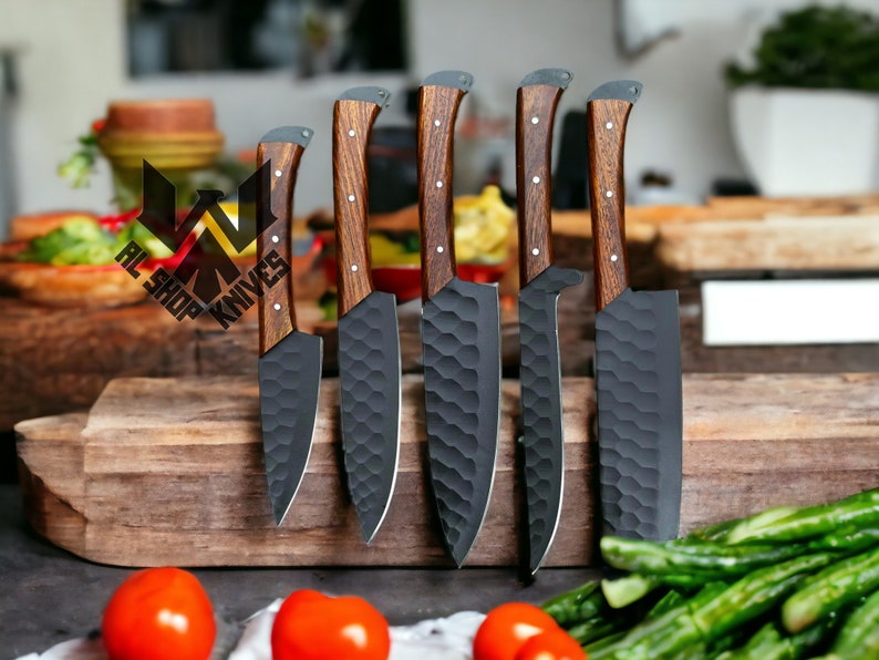 5 Pcs Custom Handmade D2 Steel Chef Set, Chef Knives, Damascus Chef knife, Damascus Chef Set, Best Gift present for him, Kitchen Knives USA image 3