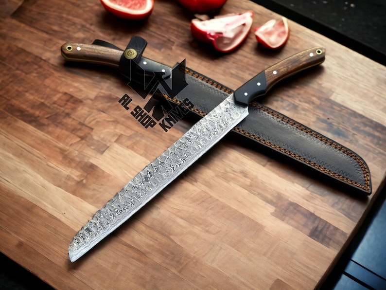 Damascus Steel Brisket Knife, handmade Damascus Kitchen Knife, Damascus Steel Bread Knife, Meat Knife, Chef Knives, Chef Set Gift for Men image 1