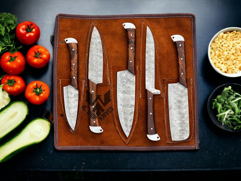 5 Pcs Custom Handmade D2 Steel Chef Set, Chef Knives, Damascus Chef knife, Damascus Chef Set, Best Gift present for him, Kitchen Knives USA Damascus & Rosewood