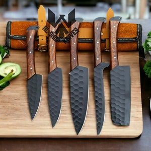 5 Pcs Custom Handmade D2 Steel Chef Set, Chef Knives, Damascus Chef knife, Damascus Chef Set, Best Gift present for him, Kitchen Knives USA image 2