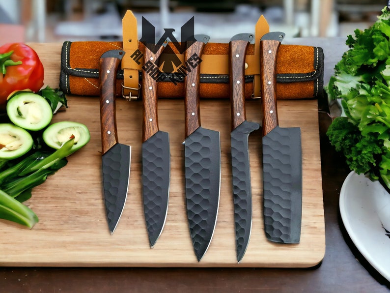 5 Pcs Custom Handmade D2 Steel Chef Set, Chef Knives, Damascus Chef knife, Damascus Chef Set, Best Gift present for him, Kitchen Knives USA image 2