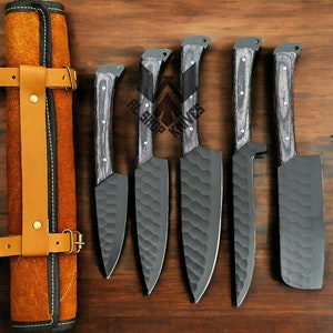 Custom Handmade D2 Steel Chef Set with Leather Roll, Hand Forged Kitchen Knife Set, Damascus Chef Sets, Damascus Chef Knives, Gift for HIM