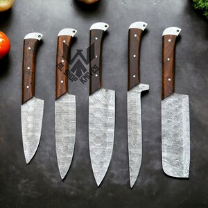 5 Pcs Custom Handmade D2 Steel Chef Set, Chef Knives, Damascus Chef knife, Damascus Chef Set, Best Gift present for him, Kitchen Knives USA image 7