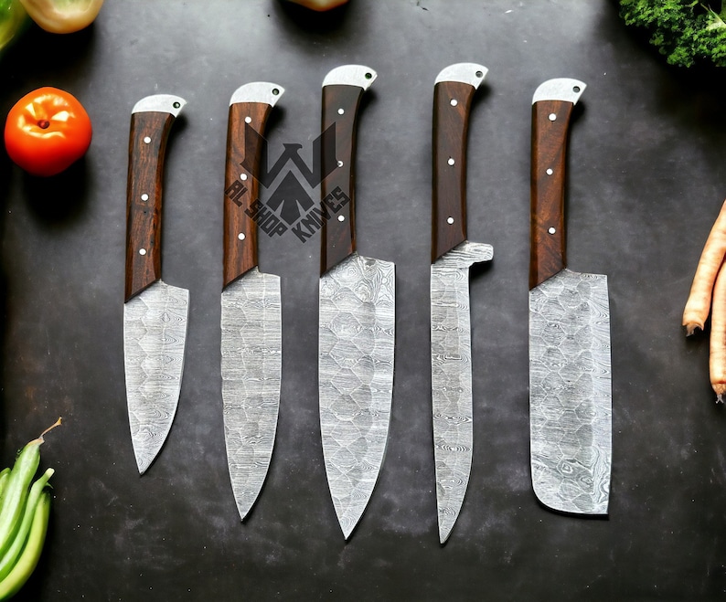 5 Pcs Custom Handmade D2 Steel Chef Set, Chef Knives, Damascus Chef knife, Damascus Chef Set, Best Gift present for him, Kitchen Knives USA image 7