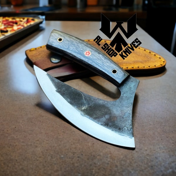 Handmade Full Tang D2 Steel Pizza Cutter Ulu Knife, Hand Forged Kitchen Chef Knives, Ulu Knives,  Pizza Axe Anniversary Gift for Men USA