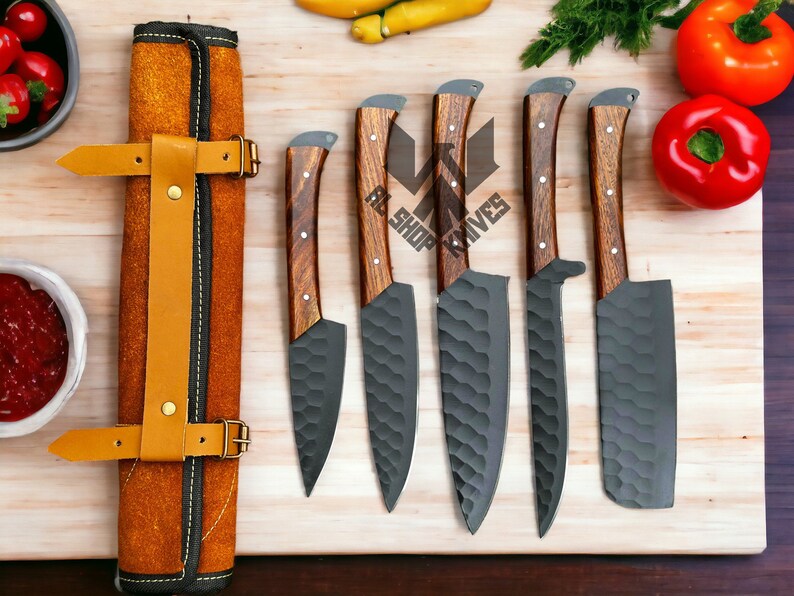 5 Pcs Custom Handmade D2 Steel Chef Set, Chef Knives, Damascus Chef knife, Damascus Chef Set, Best Gift present for him, Kitchen Knives USA image 5