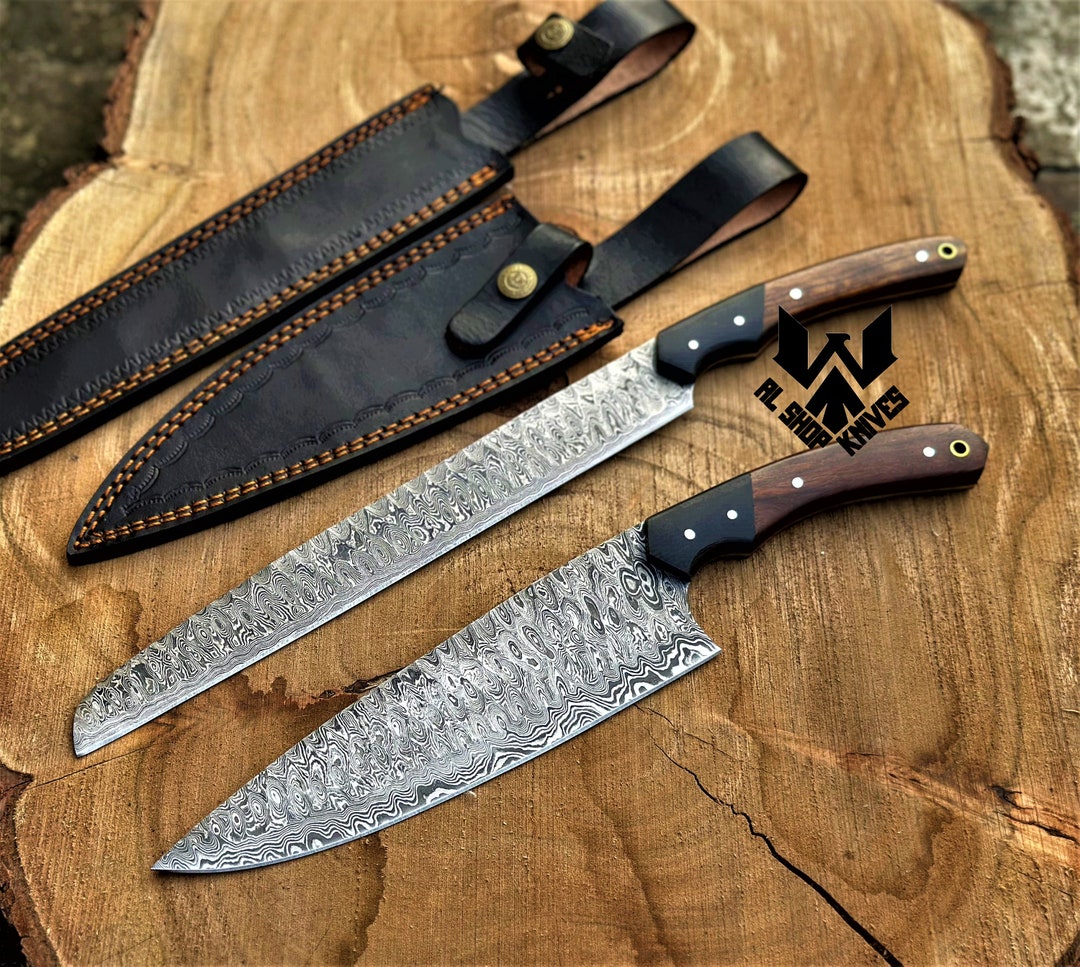 Set of 2 Handmade Damascus Chef Knives, Damascus Brisket Knife
