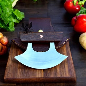 Handmade D2 Steel Ulu Chef Knife: Rosewood Handle, Leather Sheath