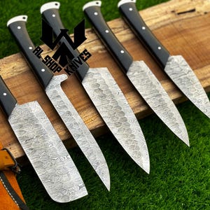 Hand Forged 5 pcs Damascus Steel Full Tang Chef Set, Kitchen Knives, Damascus Chef Knife, Damascus Chef Set, Handmade Knives Gift for men