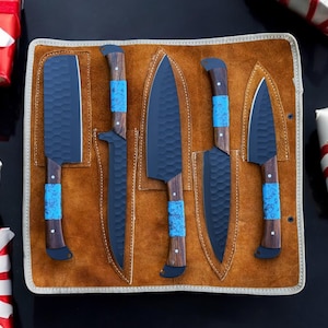 Hand Forged Damascus Chef Knife Set: 5 Pcs Walnut Handle Kitchen Knives