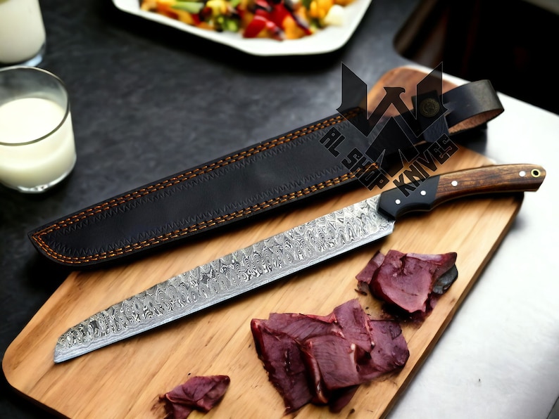 Damascus Steel Brisket Knife, handmade Damascus Kitchen Knife, Damascus Steel Bread Knife, Meat Knife, Chef Knives, Chef Set Gift for Men image 2