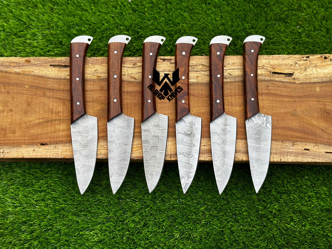6 Pcs Set Damascus BBQ Steak Knives, Handmade Damascus Chef Set
