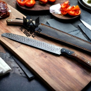 Damascus Steel Brisket Knife, handmade Damascus Kitchen Knife, Damascus Steel Bread Knife, Meat Knife, Chef Knives, Chef Set Gift for Men image 3