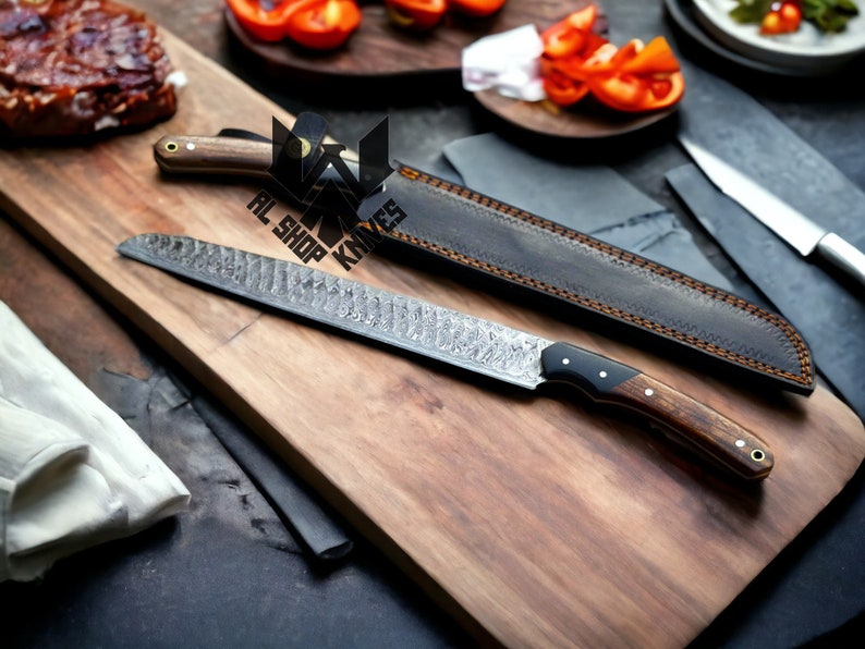 Damascus Steel Brisket Knife, handmade Damascus Kitchen Knife, Damascus Steel Bread Knife, Meat Knife, Chef Knives, Chef Set Gift for Men image 3