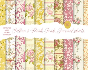 Yellow and Pink Junk Journal sheets, ten A4 pages, Digital Download, pattern paper, background paper, Junk Journal, Pompadour Printables