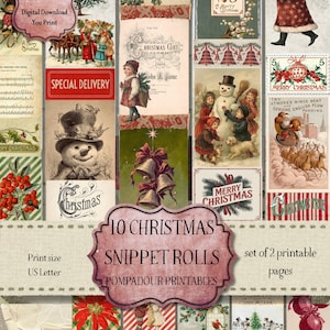 Puede incluir: Un conjunto de descarga digital de 10 rollos de recortes navideños con ilustraciones de estilo vintage de muñecos de nieve, Santa Claus, niños, renos, campanas y acebo. Las páginas incluyen textos como Special Delivery, Merry Christmas y Christmas Gift.