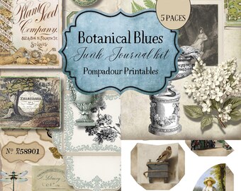 Antique Botanical Blues Junk Journal Kit – Printable Ephemera (Digital Download)