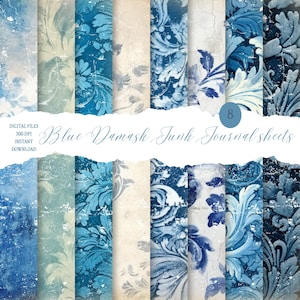 French Blue Shabby Damask paper pack, Digital Download, pattern paper, background paper, Junk Journal, Pompadour Printables