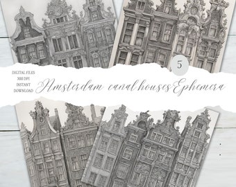 Amsterdam Canal houses, pencil drawing, 5 x A4 format, for scrapbooking and junk journals