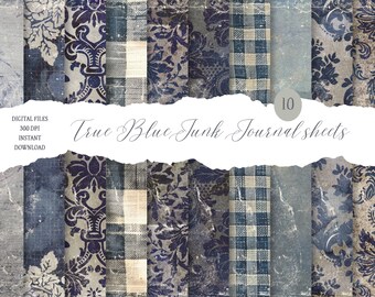 True Blue damask Junk Journal sheets, ten A4 pages, Digital Download, pattern paper, background paper, Junk Journal, Pompadour Printables