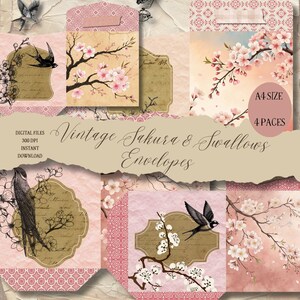 NUMÉRIQUE Antique Sakura & Hirondelles Enveloppes Collage numérique Feuille téléchargement numérique - Téléchargement instantané Imprimables Pompadour