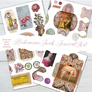 Boho Junk Journal Kit 5 páginas elementos download digital para impressão de cartão de scrapbooking fazendo Pompadour imprimíveis