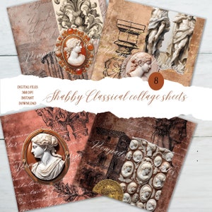 Może przedstawiać: Osiem cyfrowych arkuszy kolażu w stylu shabby chic z klasycznymi motywami rzymskimi i greckimi. Arkusze zawierają obrazy kolumn, posągów, kamei i monet. Na arkuszach nadrukowany jest tekst "Shabby Classical collage sheets".