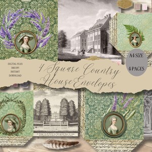 Puede incluir: Cuatro sobres cuadrados digitales imprimibles con ilustraciones de casas de campo, patrones florales y retratos vintage. El texto "4 Square Country House Envelopes" está escrito en una fuente decorativa. El texto "A4 Size" y "4 Pages" también está incluido.