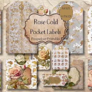 Étiquettes et étiquettes de poche en or rose antiques numériques à télécharger - Imprimables à téléchargement immédiat Pompadour