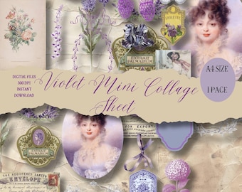 May include: A digital collage sheet featuring a variety of vintage images with a violet theme. The sheet includes images of flowers, labels, a woman's portrait, and text that says "Violet Mini Collage Sheet".