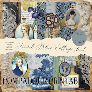 French Blue Collage papers- French Printable, French Ephemera, Vintage portraits, gold leaf, Collage Papers, digital download
