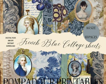 French Blue Ephemera – Vintage Portrait Collage Papers (Digital Download)